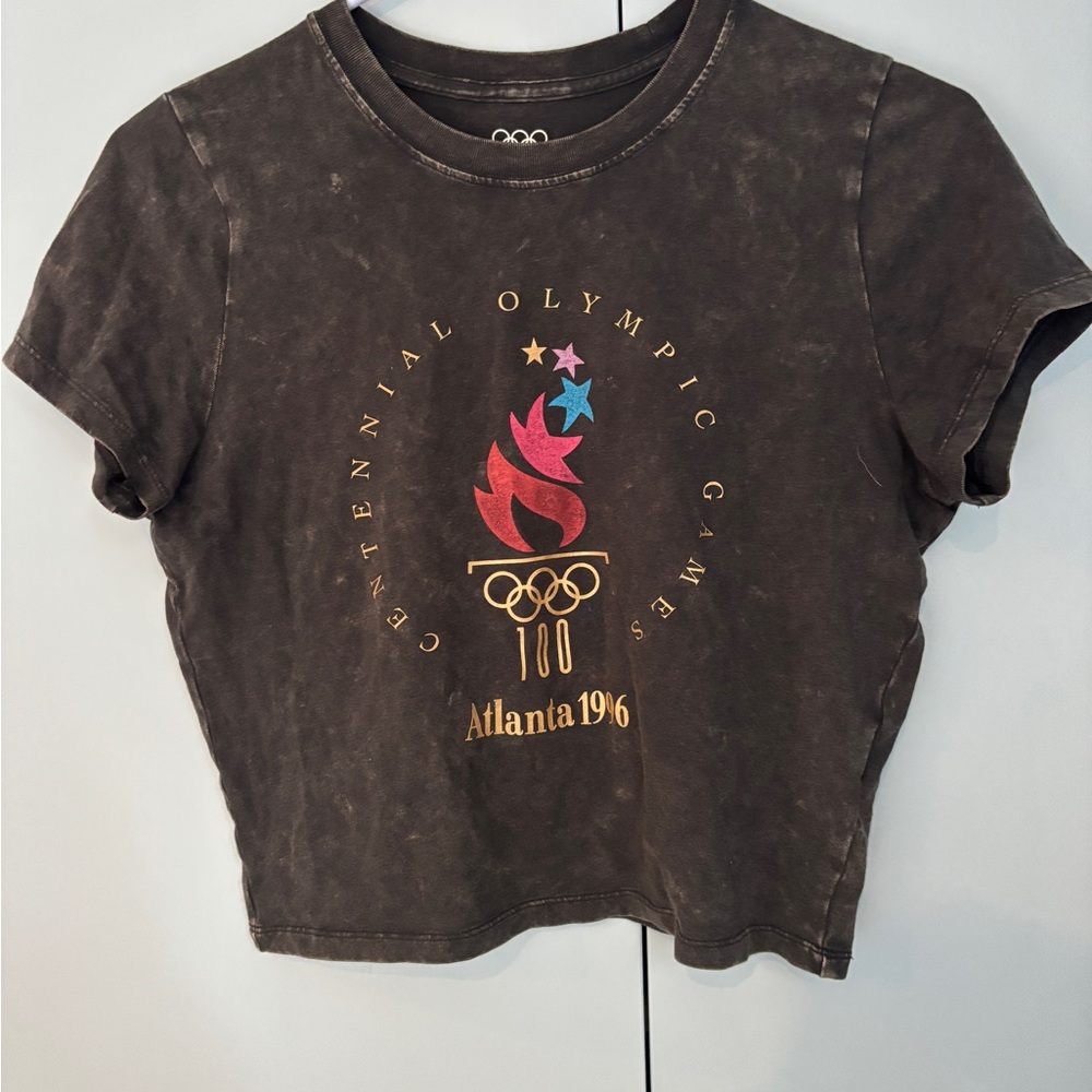 Heritage Distressed Black Cropped Baby Tee with Olympic Rings